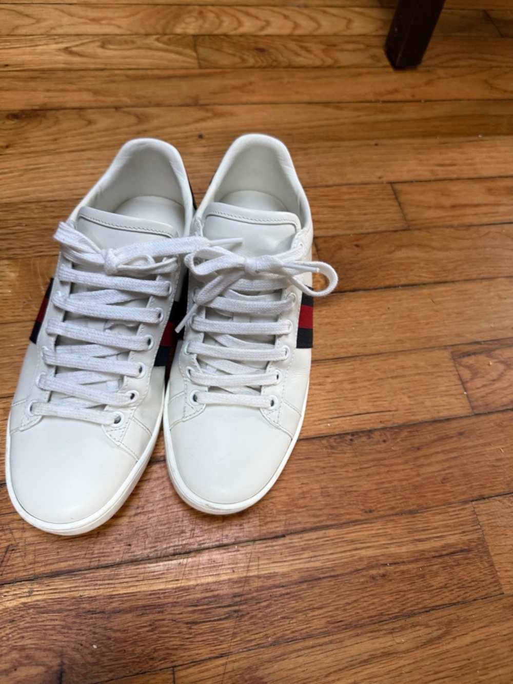 White Gucci Ace’s  Low-Top Leather Sneakers with Red & Blue Stripe